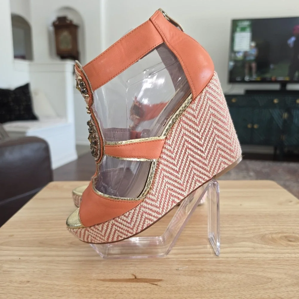 Vince Camuto Torta Coral Leather Espadrille w beads Size 8 Wedge Sandals *read*